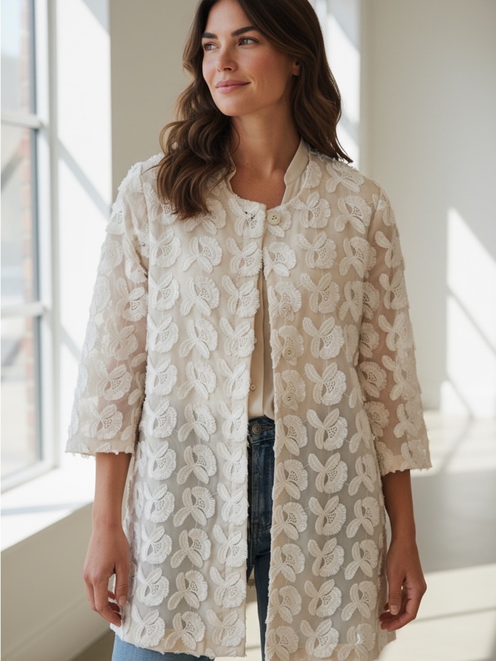 Lord & Taylor Cream Lace Overlay Coat